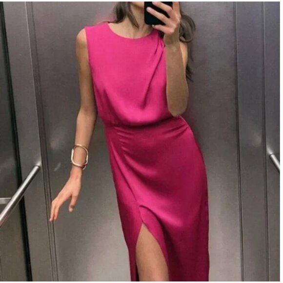 ZARA KNOTTED SHOULDER SATIN EFFECT DRESS Size S NEW WITH TAG! - Picture 2 of 9